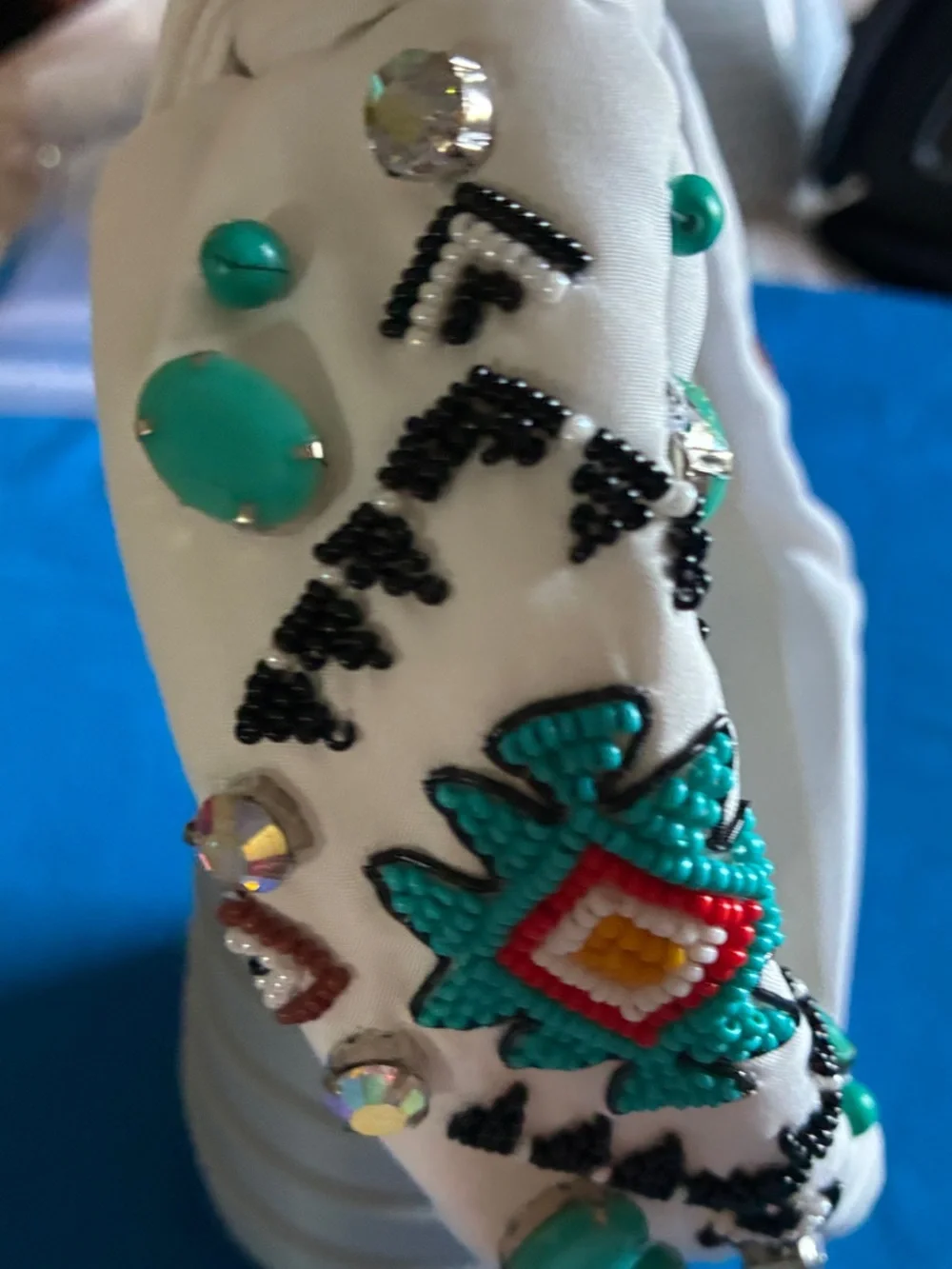 Embellished White Beaded Turban Headband with Turquoise Accents